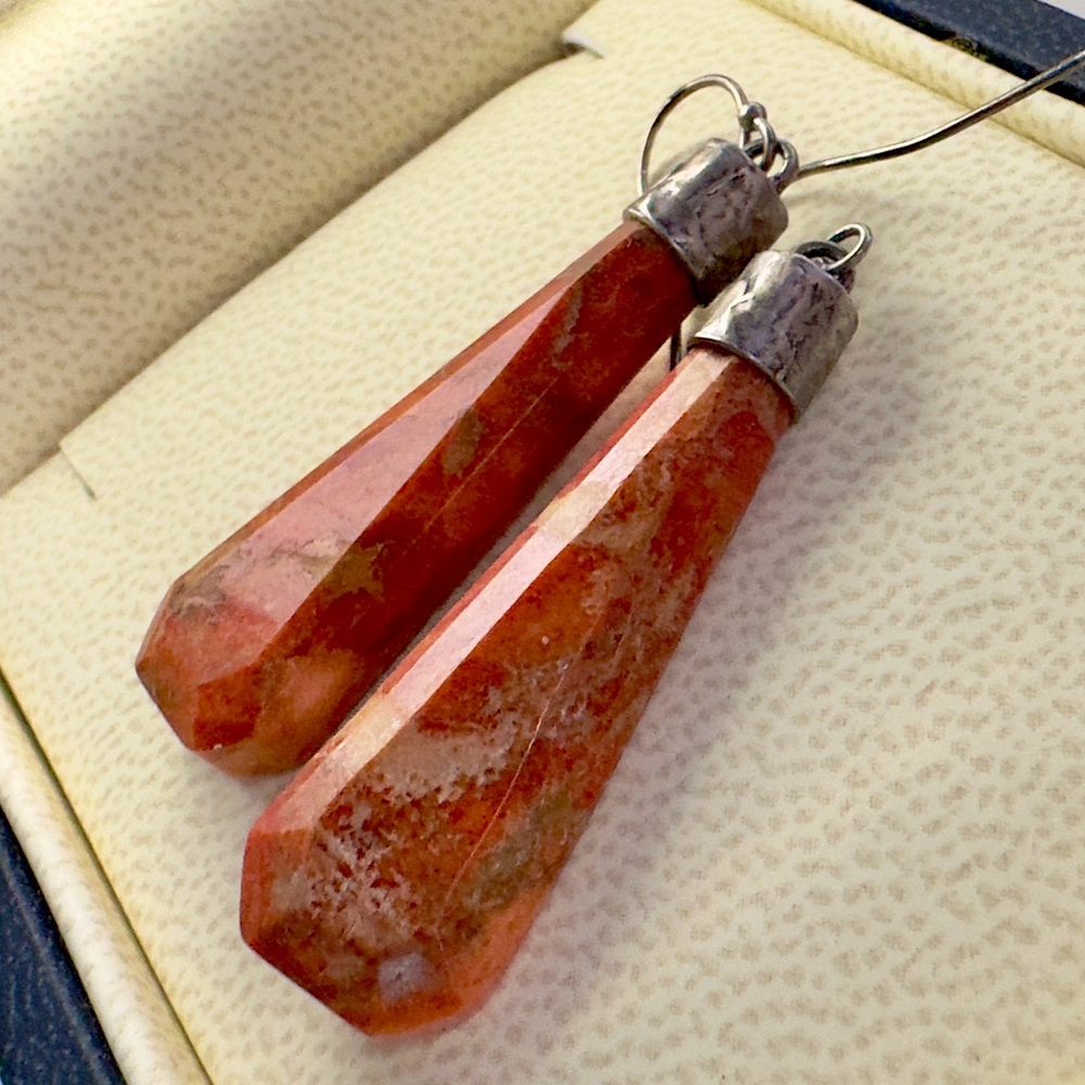 Vintage Handmade Hammered Sterling Orange Gemstone Drop Statement Earrings